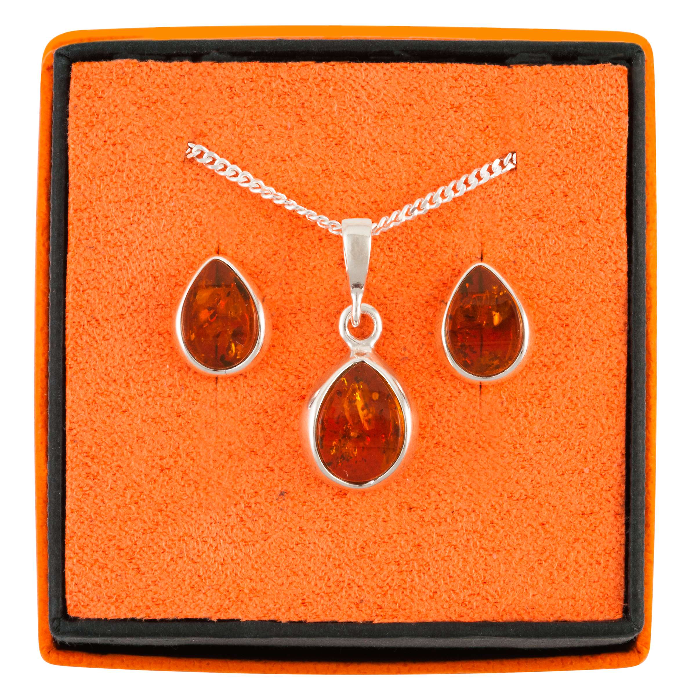 Buy Be-Jewelled Sterling Silver Tear Drop Amber Pendant Necklace And Earrings Gift Set, Amber Online at johnlewis.com