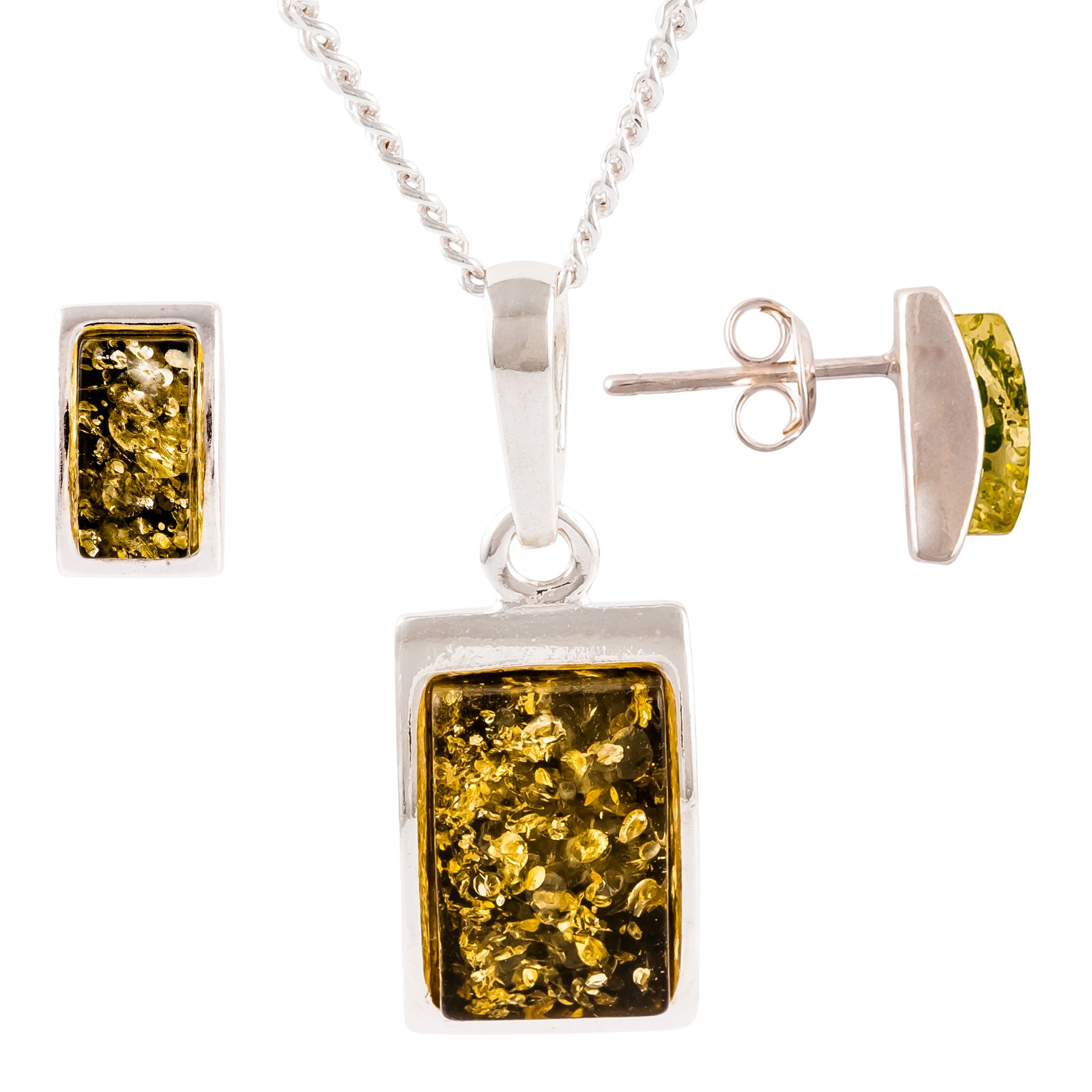 Be-Jewelled Sterling Silver Oblong Green Amber Pendant Necklace And Earrings Gift Set, Amber