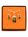 Be-Jewelled Sterling Silver Oblong Green Amber Pendant Necklace And Earrings Gift Set, Amber