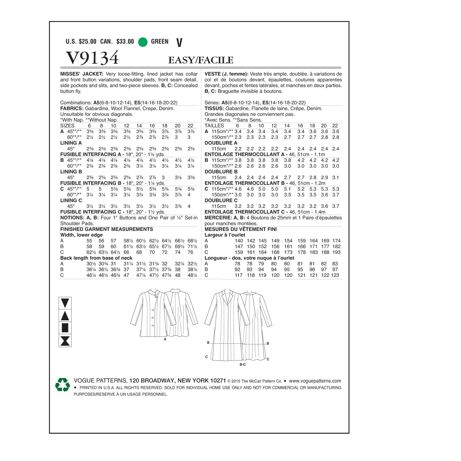 Vogue Women's Smart Coat Sewing Pattern, 9134