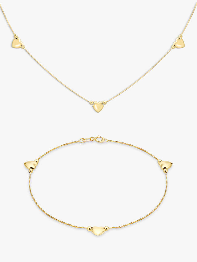 IBB 9ct Yellow Gold Box Chain Heart Necklace and Bracelet Set, Gold