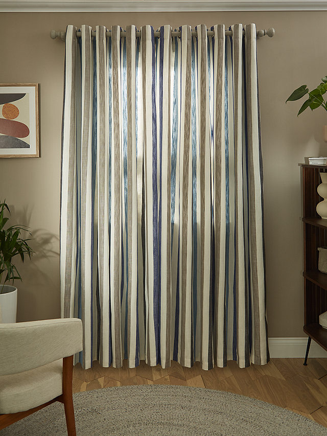 John Lewis Penzance Stripe Pair Lined Eyelet Curtains Blue W167 X Drop 137cm