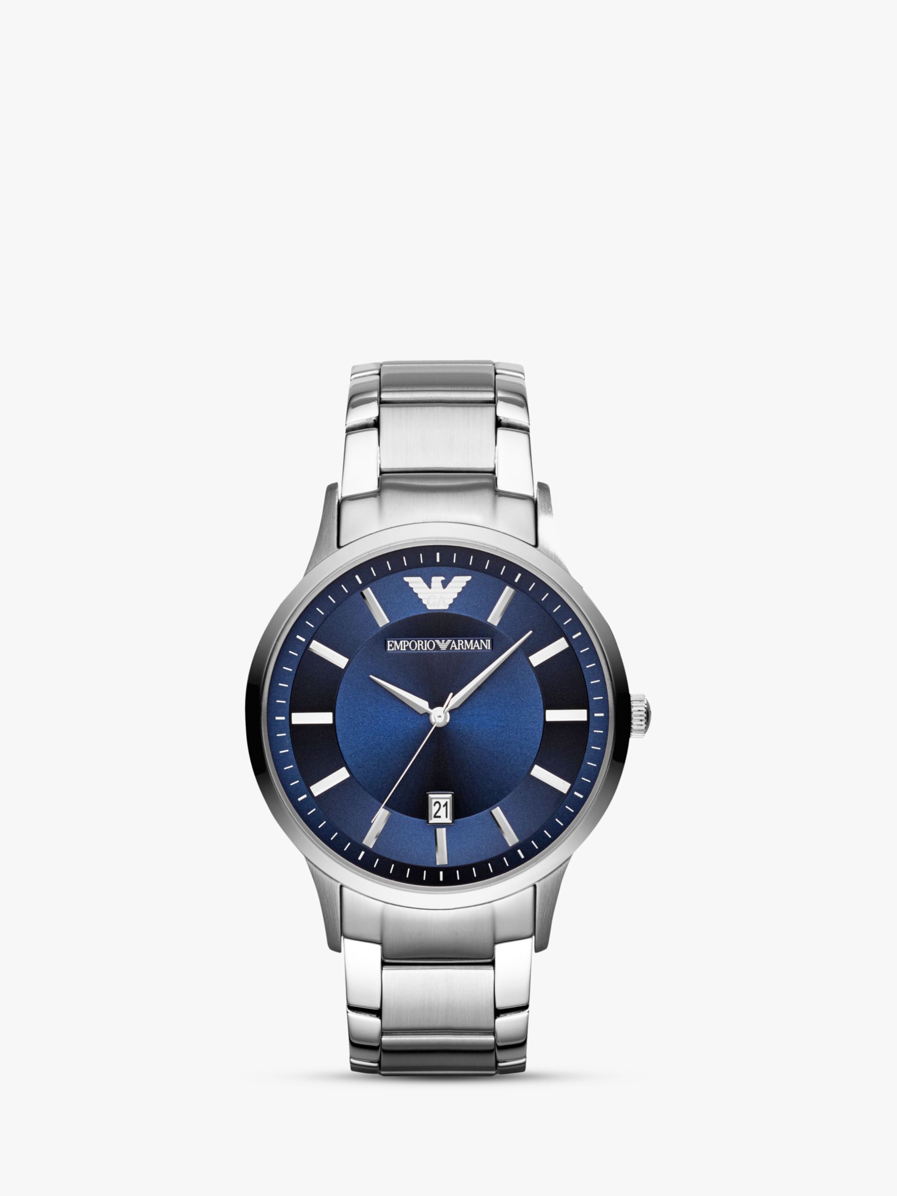 Emporio Armani AR11180 Men's Date Bracelet Strap Watch, Silver/Blue at ...