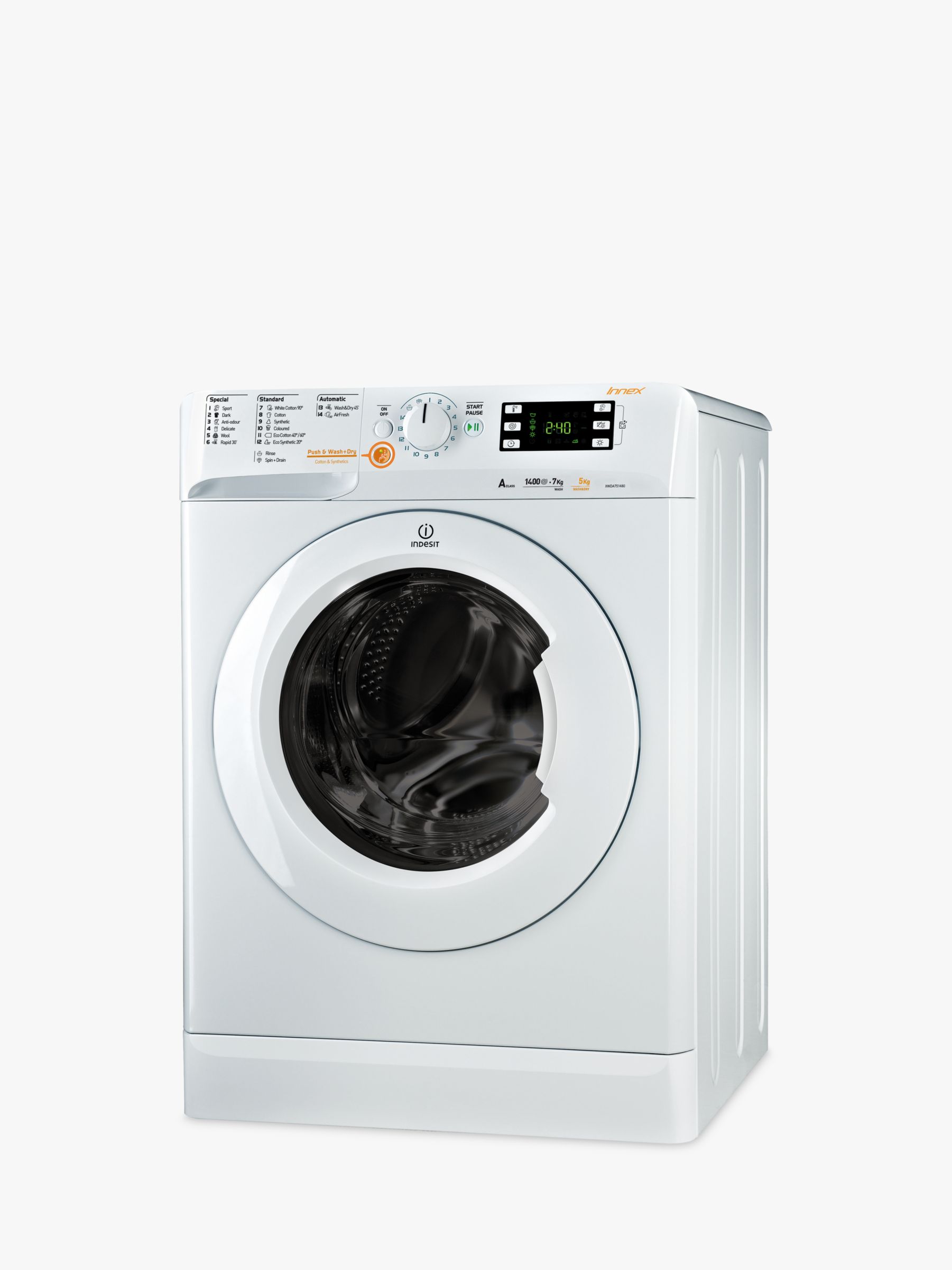 Indesit Innex XWDE751480XW Freestanding Washer Dryer, 7kg Wash/5kg Dry Load, A Energy Rating, 1400rpm Spin, White