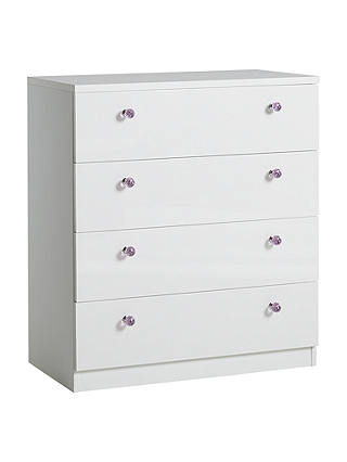 little home at John Lewis Mix it Pink Crystal Handle Wide 4 Drawer Chest, Gloss White/Matt White