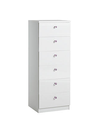 little home at John Lewis Mix it Pink Crystal Handle Narrow 6 Drawer Chest, Gloss White/Matt White
