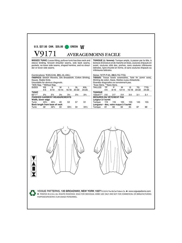 Vogue Women's Tunic Tops Sewing Pattern, 9171, Y