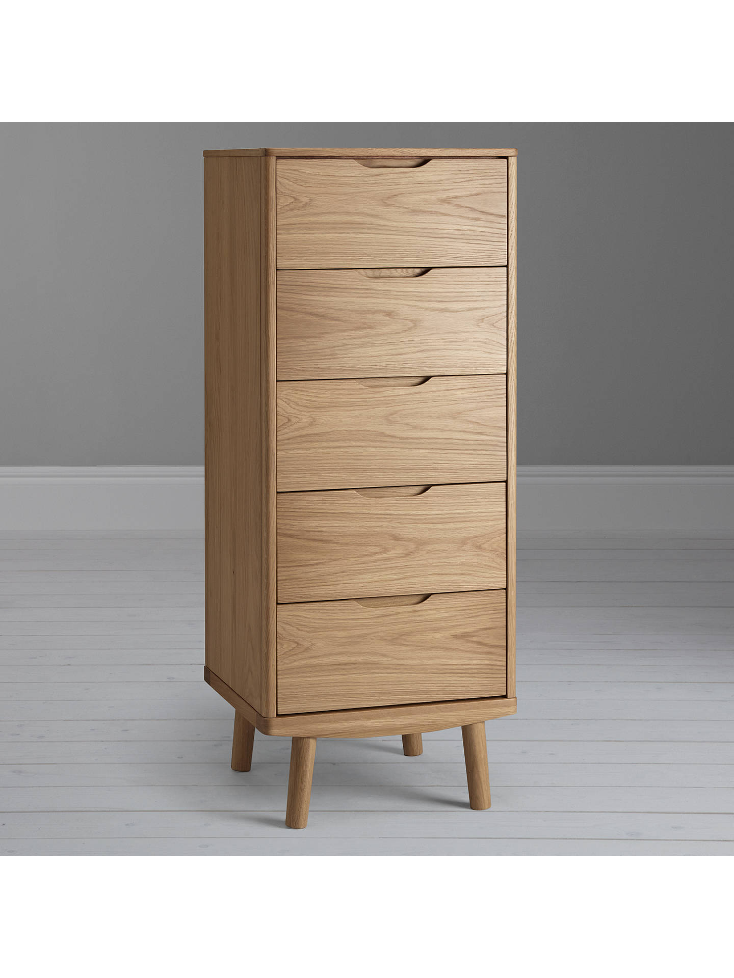 House by John Lewis Bow 5 Drawer Tall Boy Chest, Oak at John Lewis ...