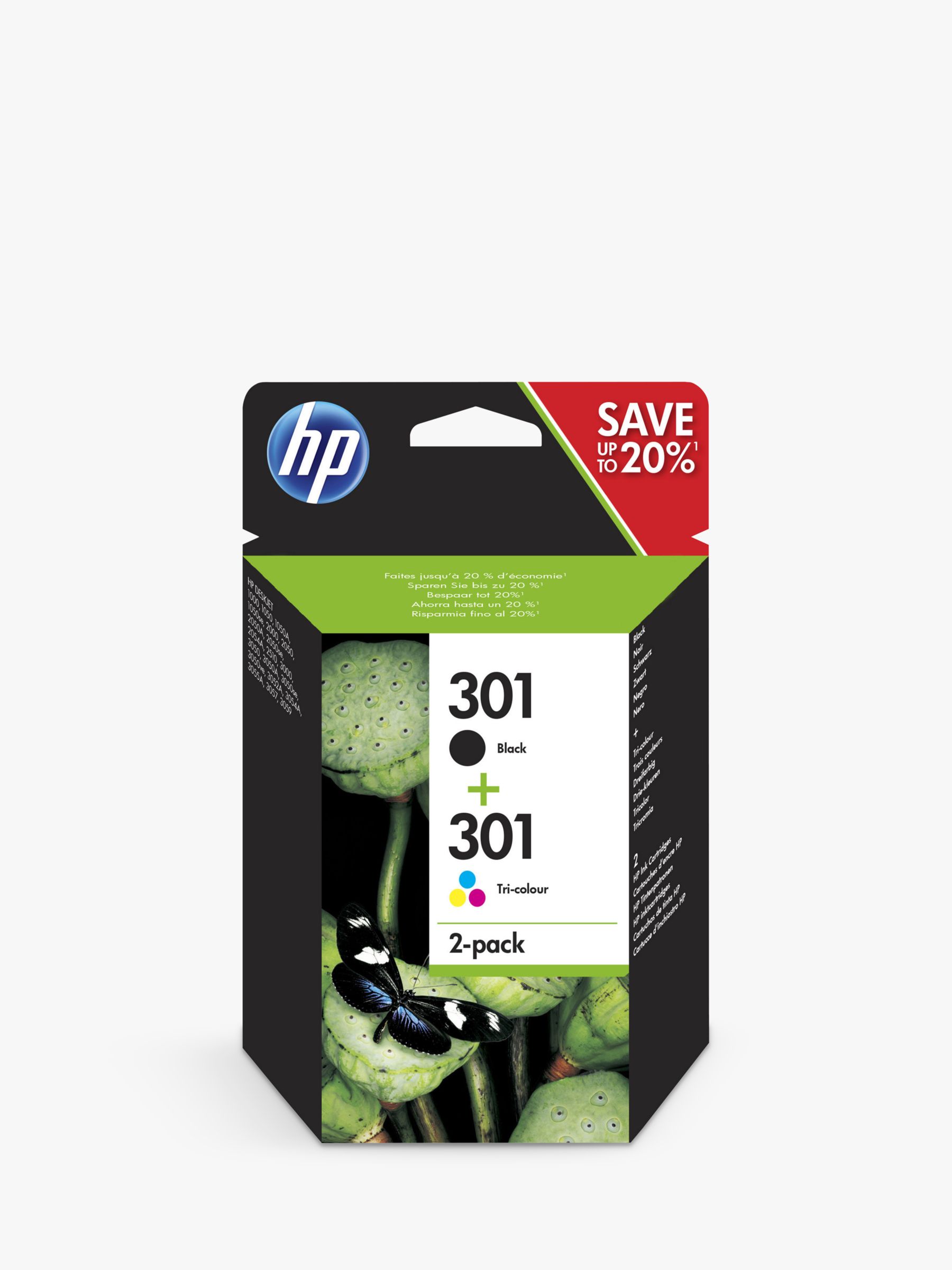 Trekken Verdachte smeren HP 301 Black & Tri-Colour Original Ink Cartridges, Pack of 2, Instant Ink  Compatible