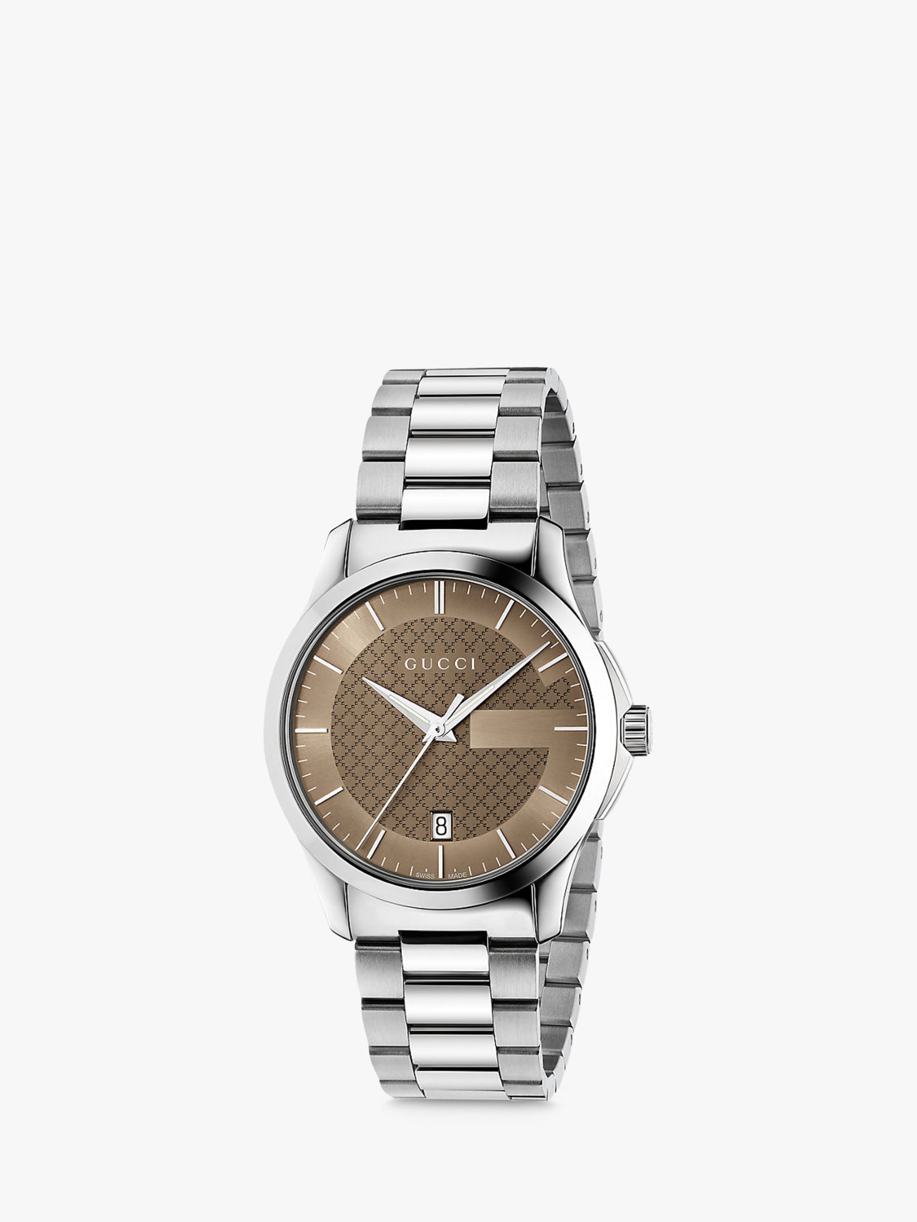 Gucci YA126445 Men's G-Timeless Date Bracelet Strap Watch, Silver/Brown
