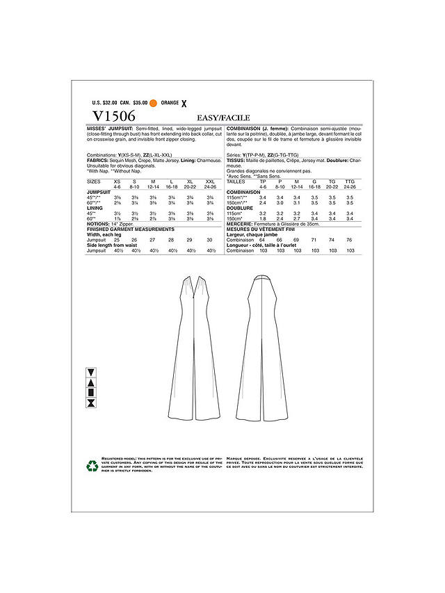 Vogue Women's Jumpsuit Sewing Pattern, 1506, Y