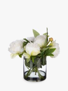 Peony Artificial Peonies in Black Glass Cylinder Vase, White