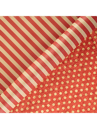 John Lewis Red Spot And Stripe Kraft Roll Wrap, Pack of 2