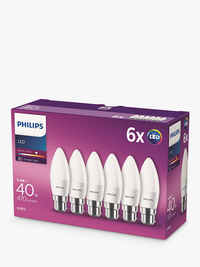 Philips 5.5W BC Candle LED Light Bulb, Frosted, Pack of 6