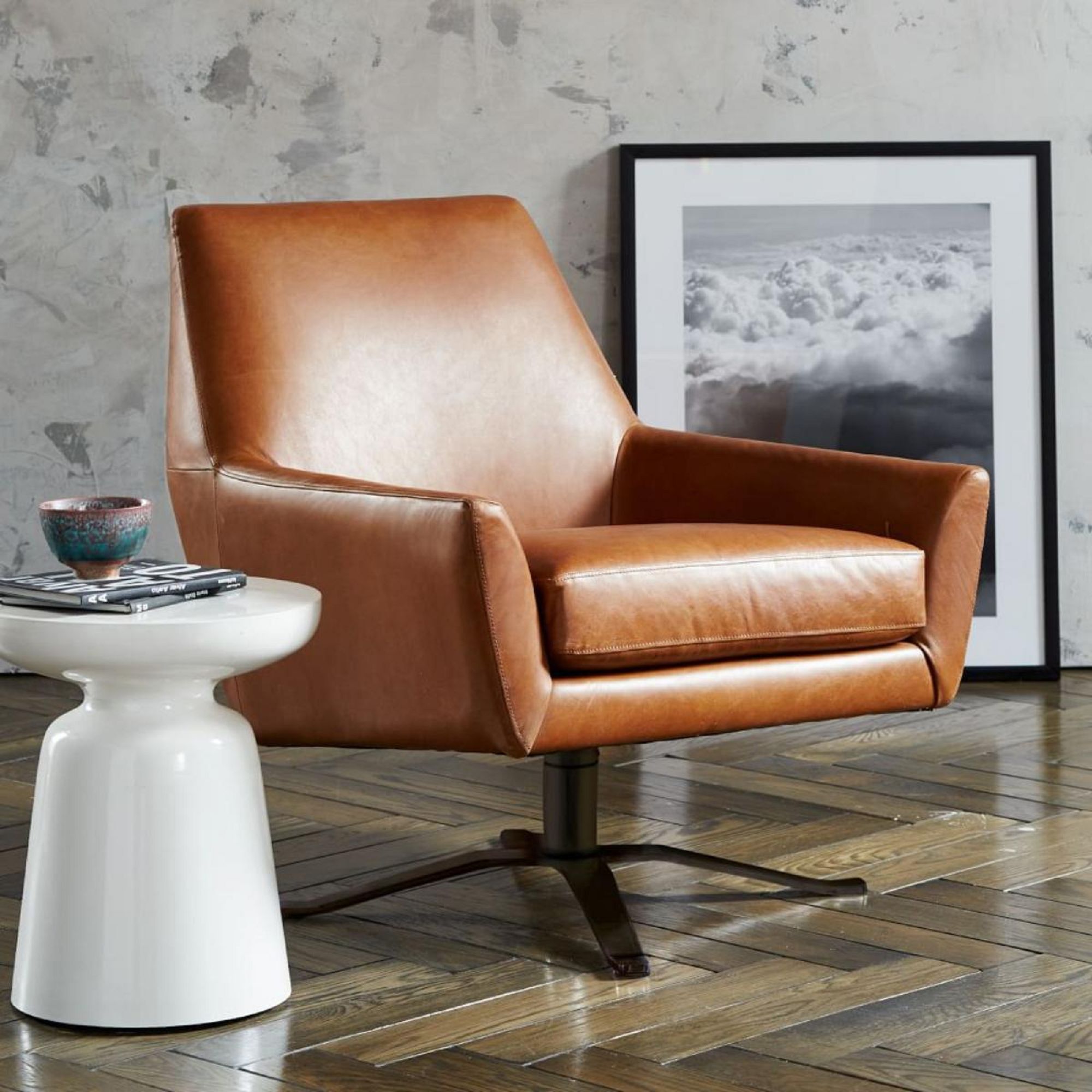 west elm Lucas Leather Swivel Chair, Saddle Leather Bronze at John