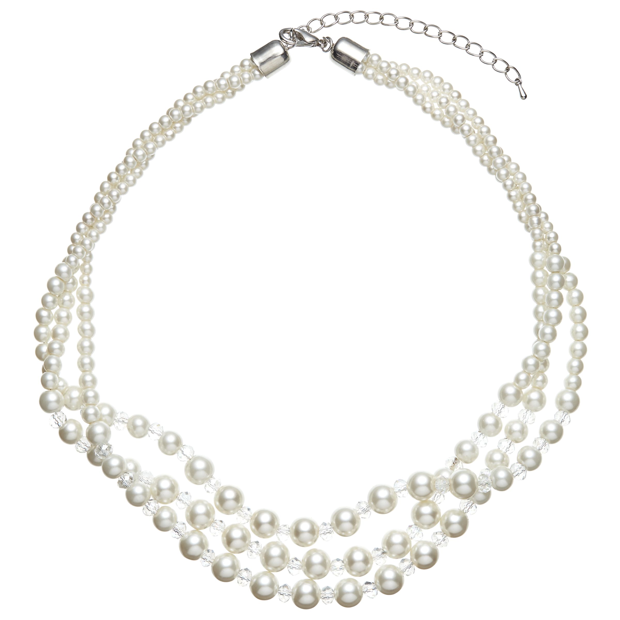 John Lewis & Partners Three Row Graduating Faux Pearl and Bead Twist Necklace, White/Clear