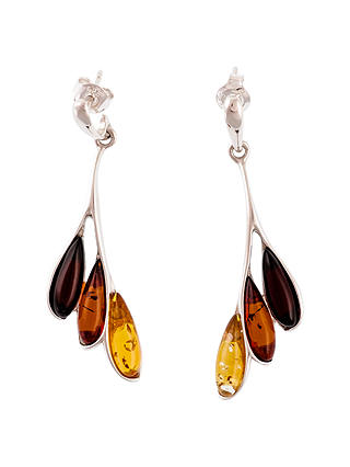 Be-Jewelled Sterling Silver Amber Leaf Drop Earrings, Multi