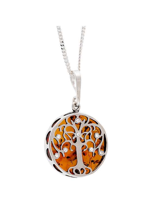 Be-Jewelled Sterling Silver Round Amber Tree Pendant Necklace, Silver/Orange
