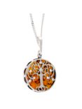 Be-Jewelled Sterling Silver Round Amber Tree Pendant Necklace, Silver/Orange