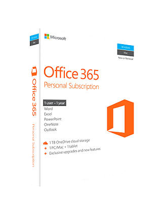 Microsoft Office 365 Personal, 1 PC & 1 Tablet, 1 User, One-Year Subscription