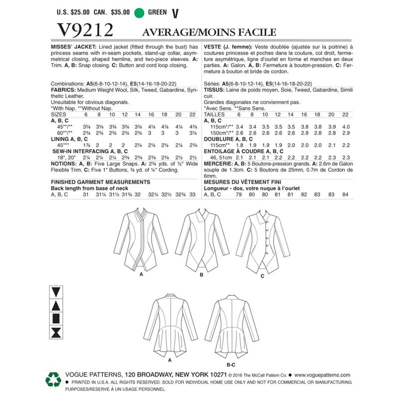Vogue Misses' Women's Jackets Sewing Pattern, 9212, A5