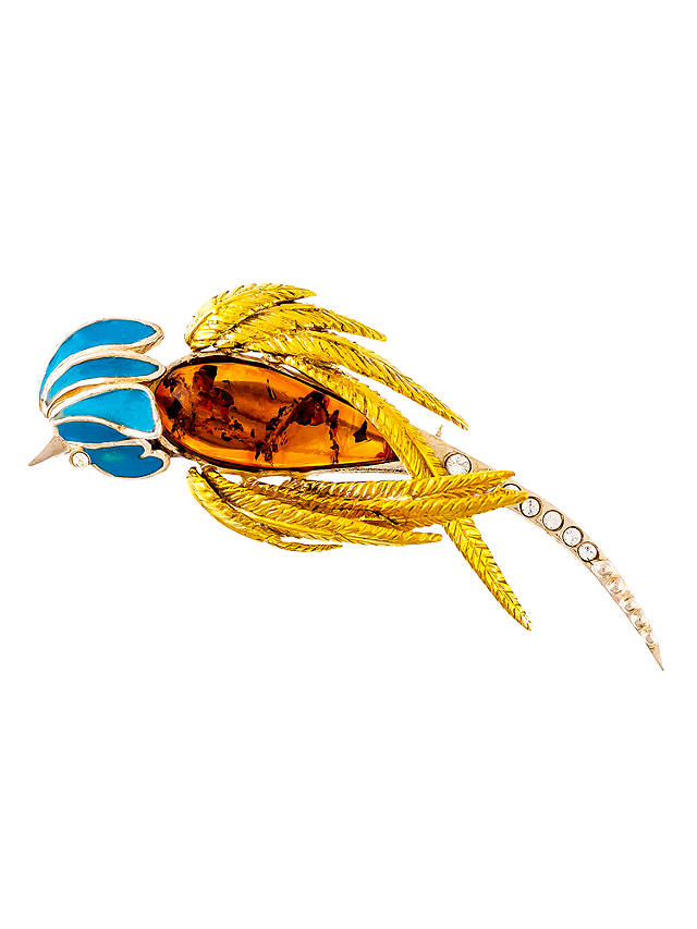 Be-Jewelled Gold Vermeil Amber Parrot Brooch, Orange/Blue
