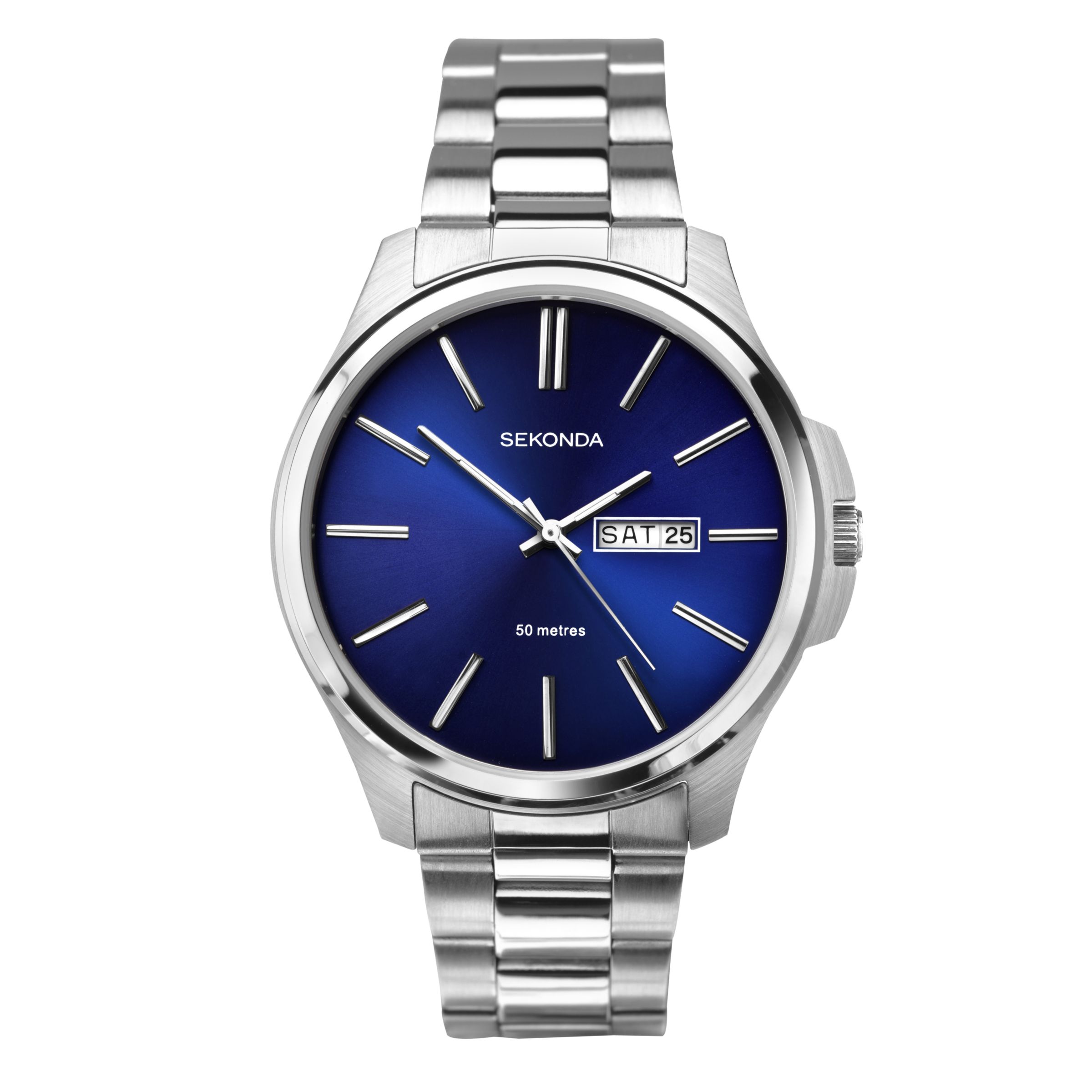 Sekonda 1224.27 Men's Day Date Bracelet Strap Watch, Silver/Blue