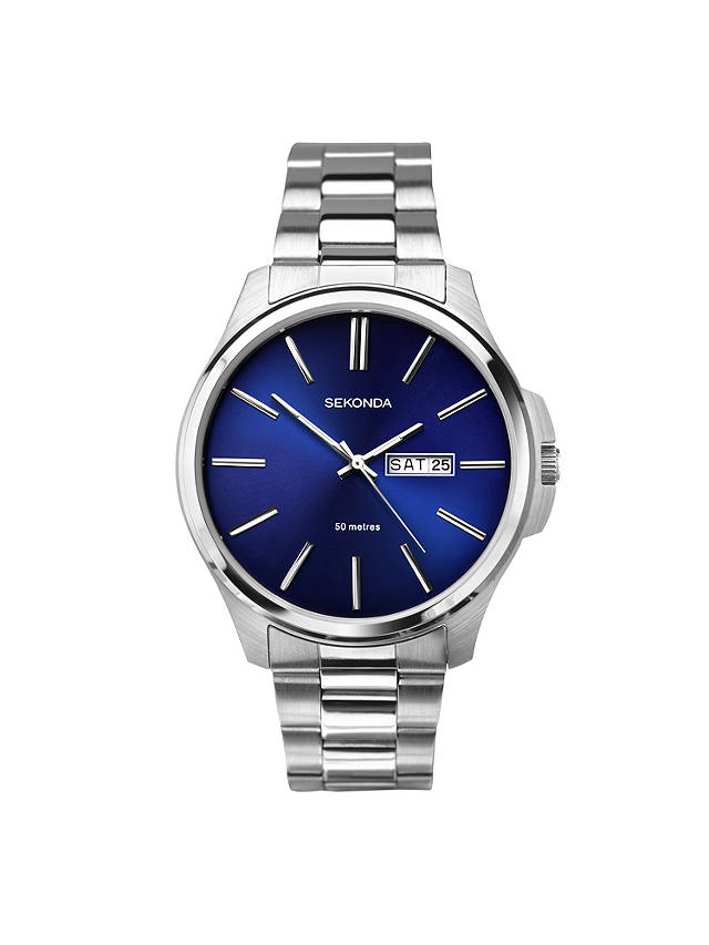 Sekonda Men's Day Date Bracelet Strap Watch, Silver/Blue