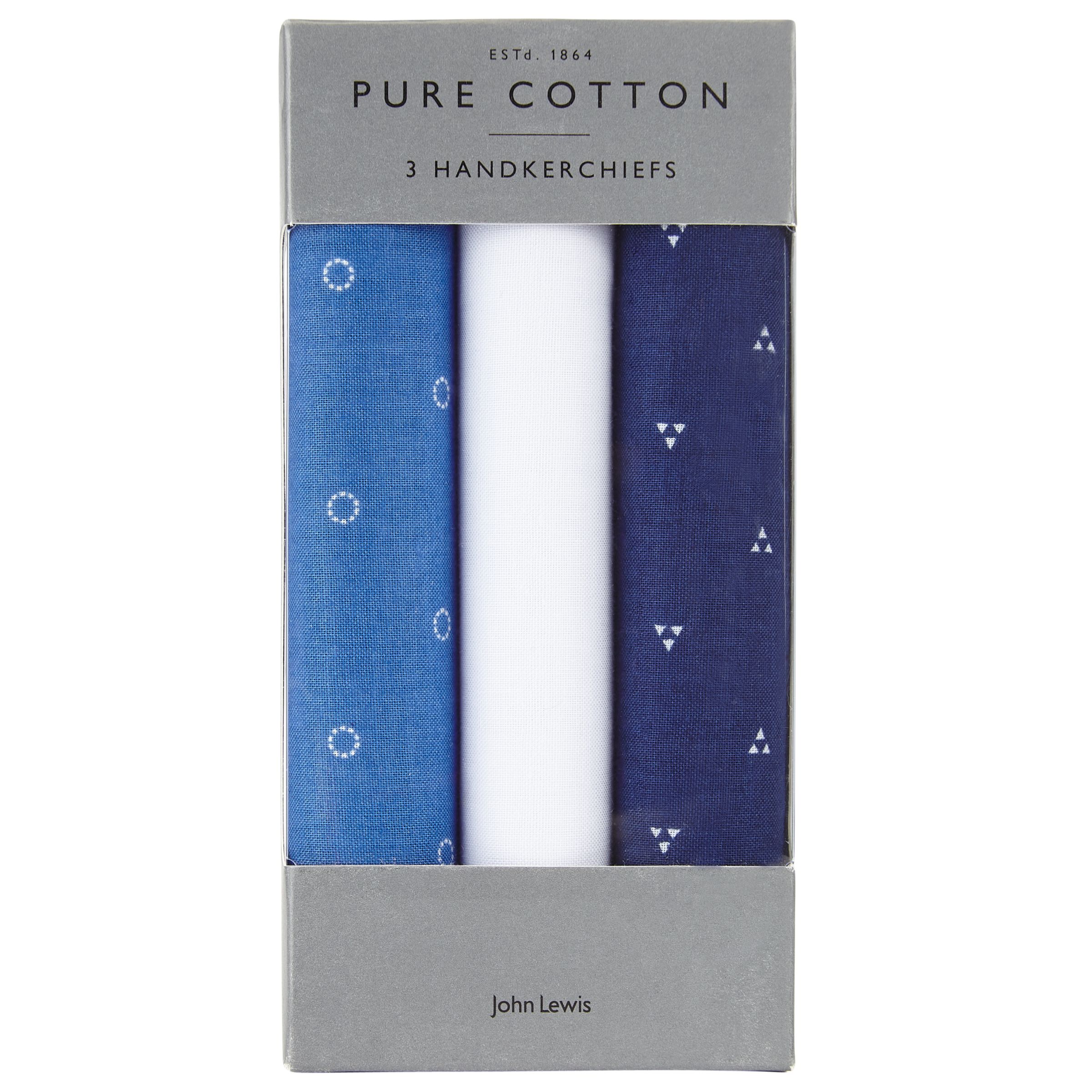 John Lewis & Partners Ditsy Cotton Handkerchiefs, Pack of 3, Blue/White