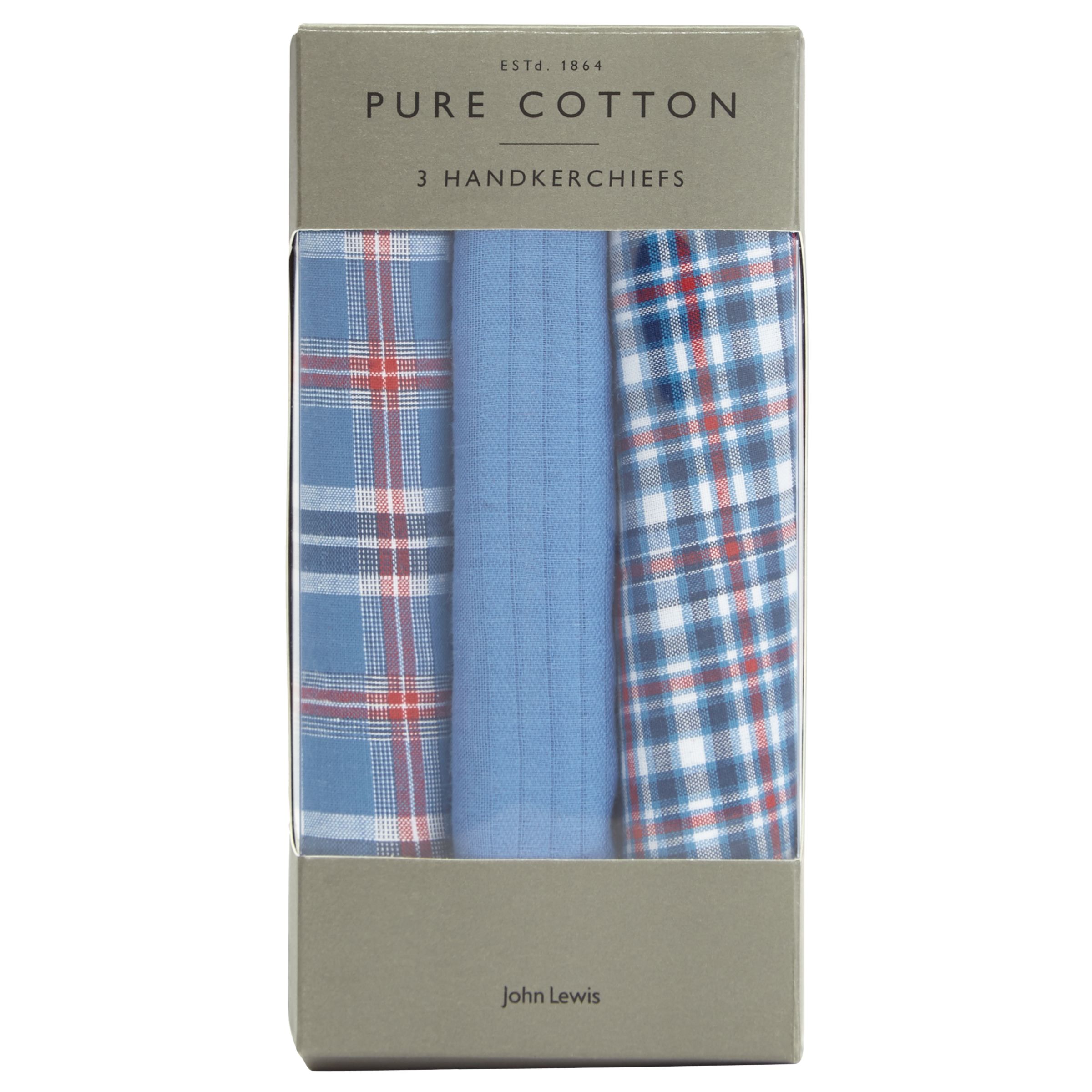 John Lewis & Partners Check Handkerchiefs, Pack of 3, Blue/Red