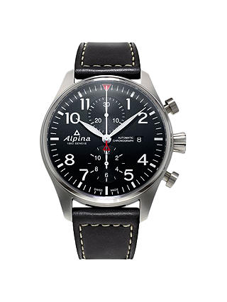 Alpina AL-725B4S6 Men's Startimer Pilot Automatic Chronograph Date Leather Strap Watch, Black