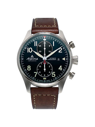 Alpina AL-725N4S6 Men's Startimer Pilot Automatic Chronograph Date Leather Strap Watch, Brown/Dark Blue