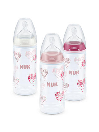 NUK First Choice+ Hearts Baby Bottle with Size 1 Silicone Teat, Pack of 3