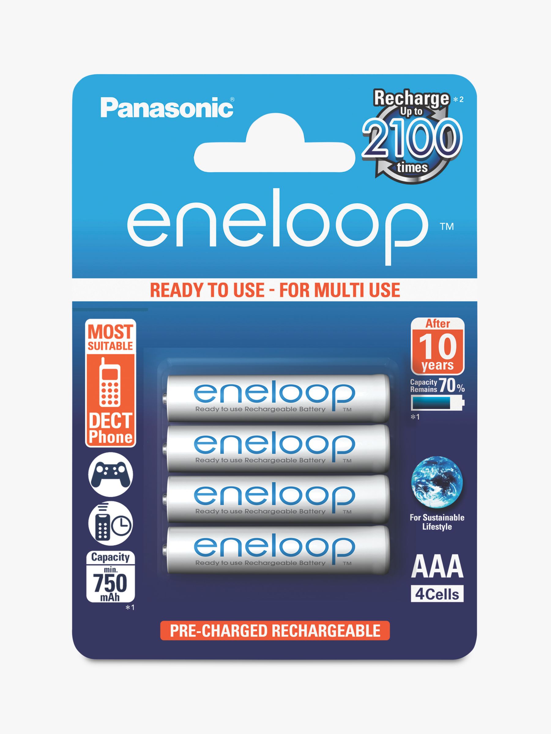 Panasonic Eneloop Pre-Charged Rechargeable AAA Batteries, Pack of 4