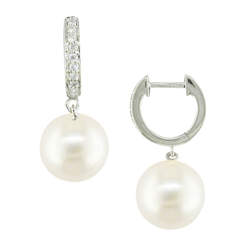 E.W Adams 18ct White Gold Diamond and Freshwater Pearl Hoop Earrings