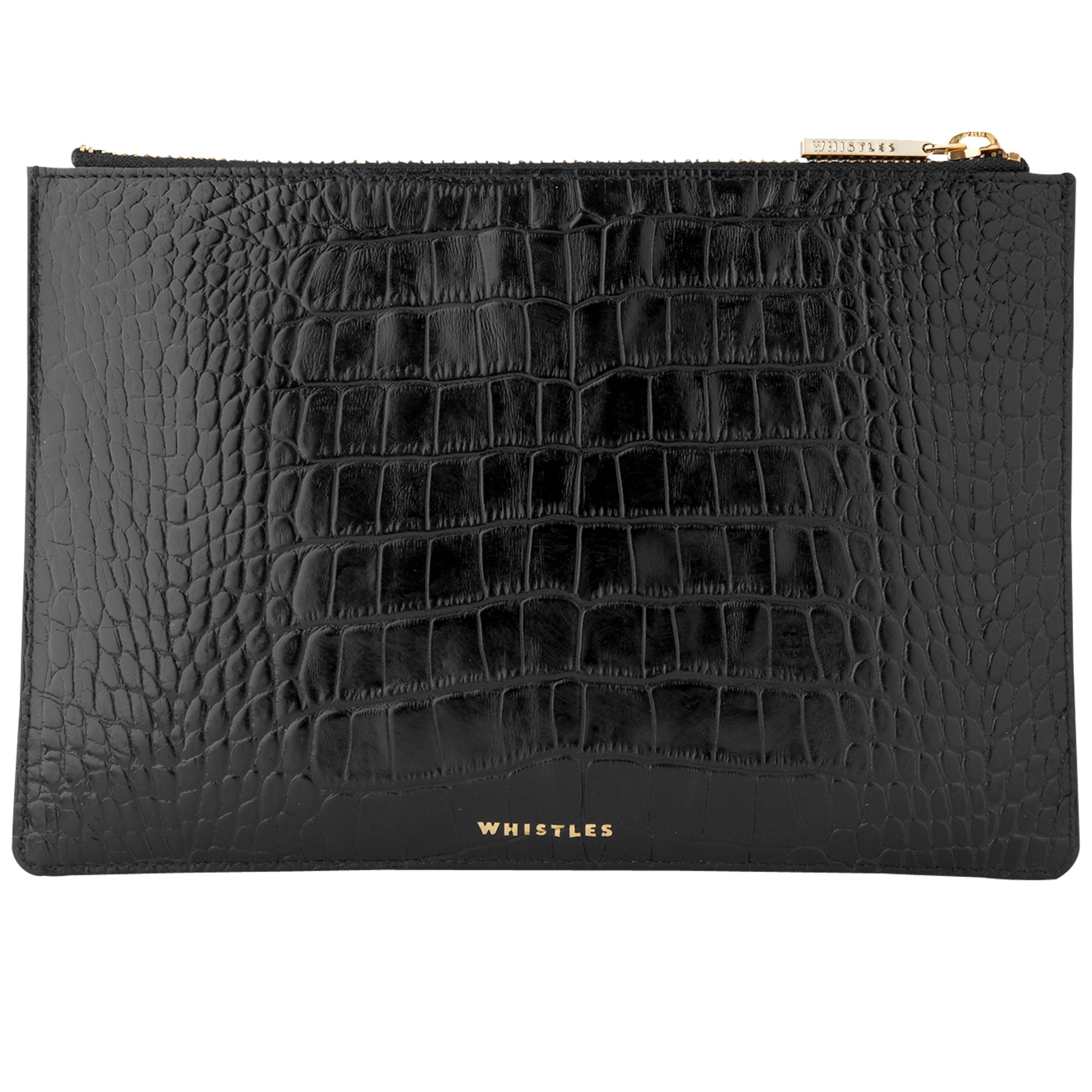 Whistles Shiny Croc Leather Small Clutch Bag, Black at John Lewis & Partners