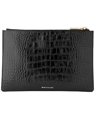 Whistles Shiny Croc Leather Small Clutch Bag, Black