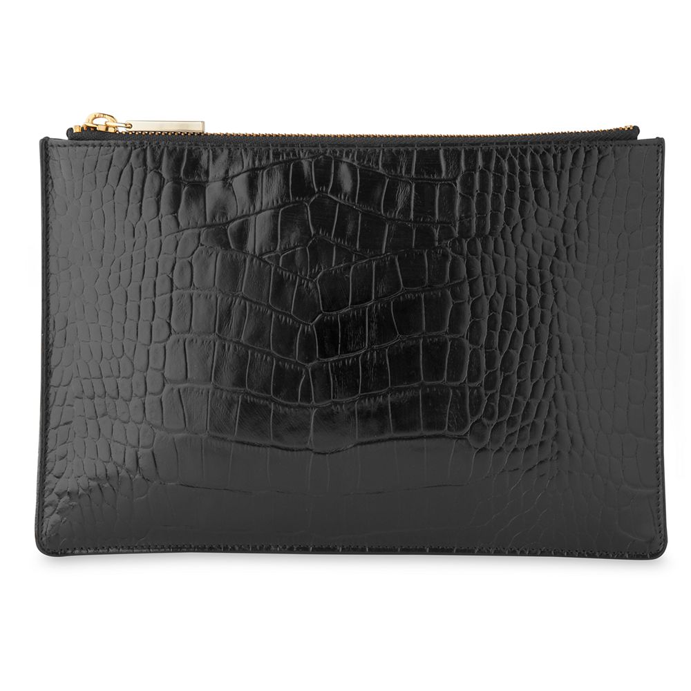 Whistles Shiny Croc Leather Small Clutch Bag, Black