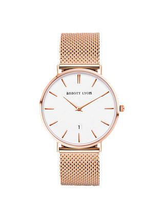 Abbott Lyon Women's Kensington 34 Date Mesh Bracelet Strap Watch, Rose Gold/White