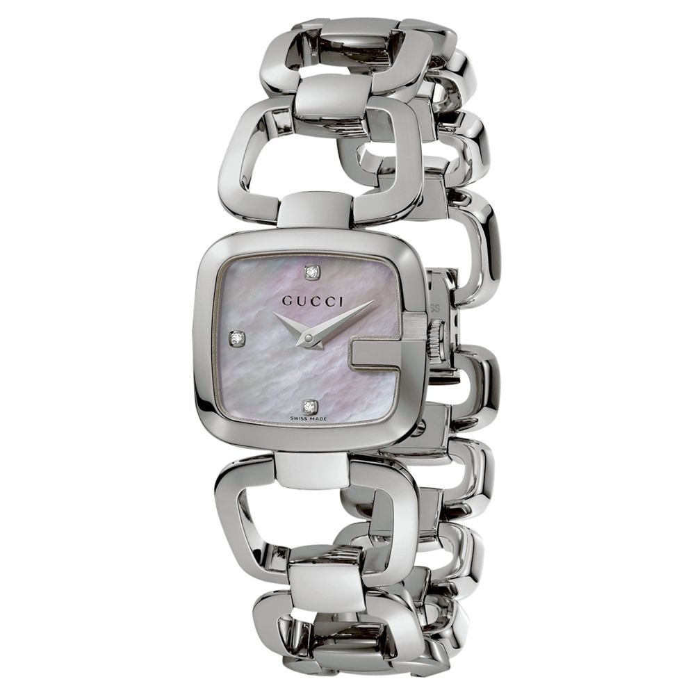 Gucci YA125502 Womens G-Gucci Diamond Mother of Pearl Dial Open Bracelet  Strap Watch, Silver/White