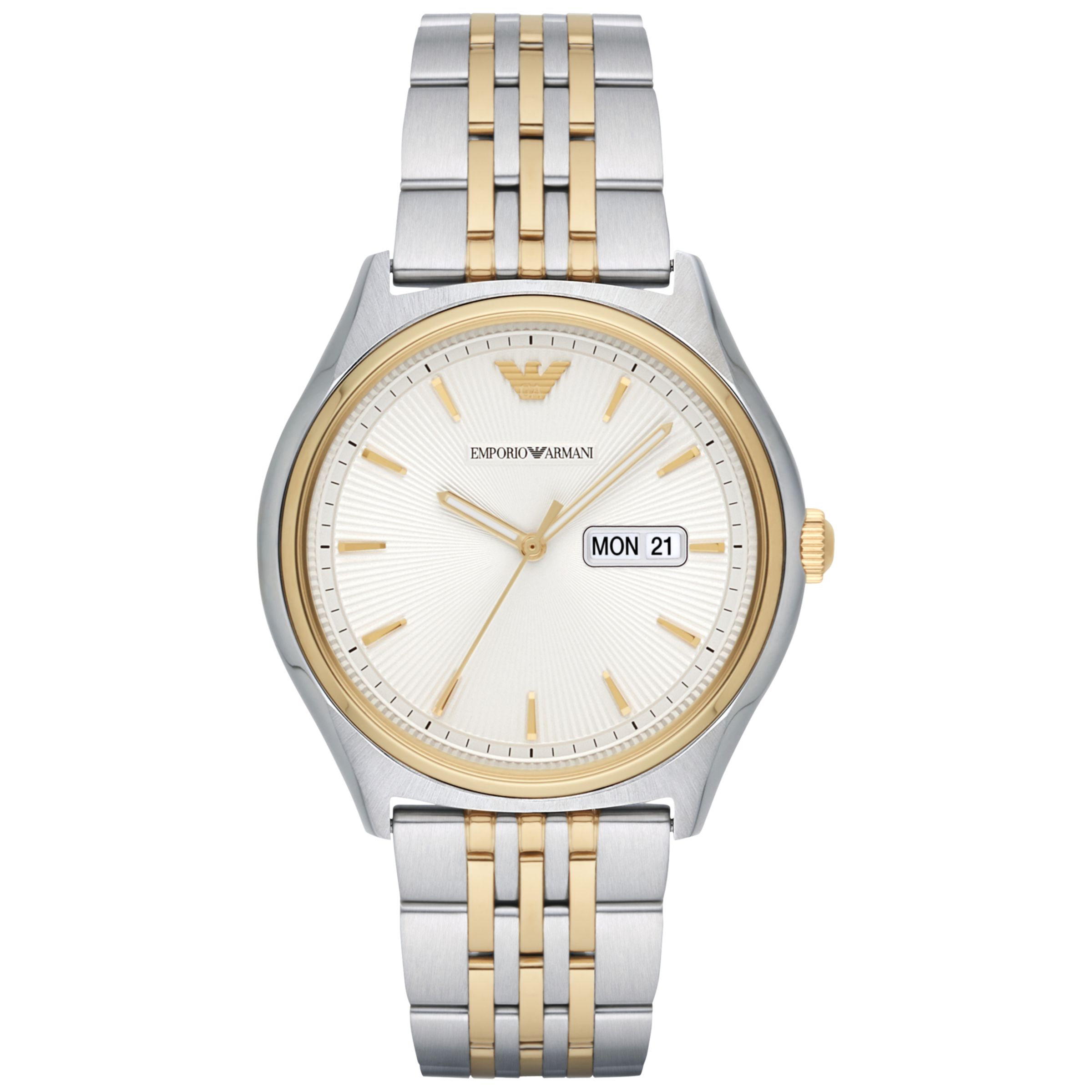 Emporio Armani AR11034 Men&#39;s Day Date Bracelet Strap Watch, Silver/Gold at John Lewis & Partners