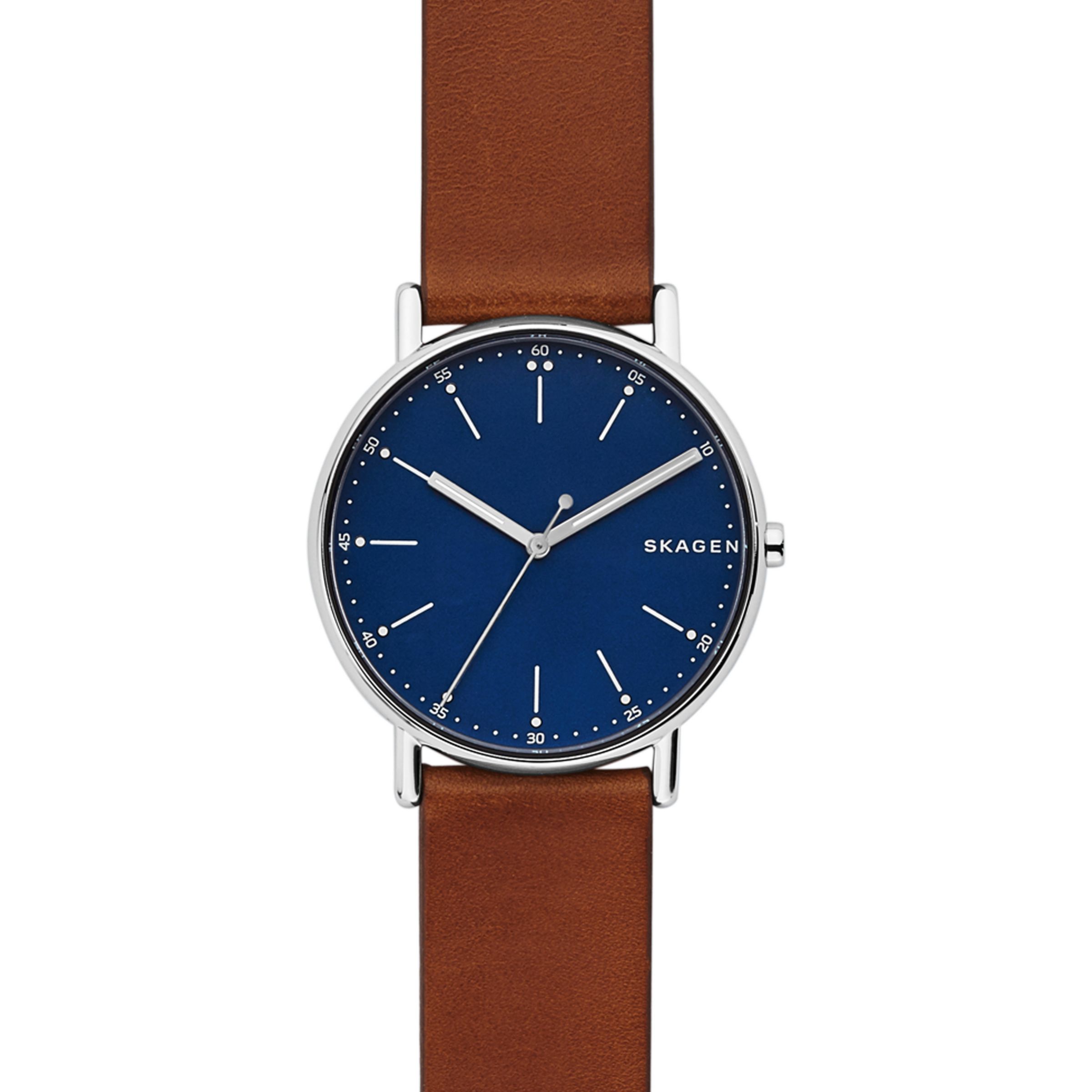 Skagen SKW6355 Men's Signatur Leather Strap Watch, Tan/Dark Blue