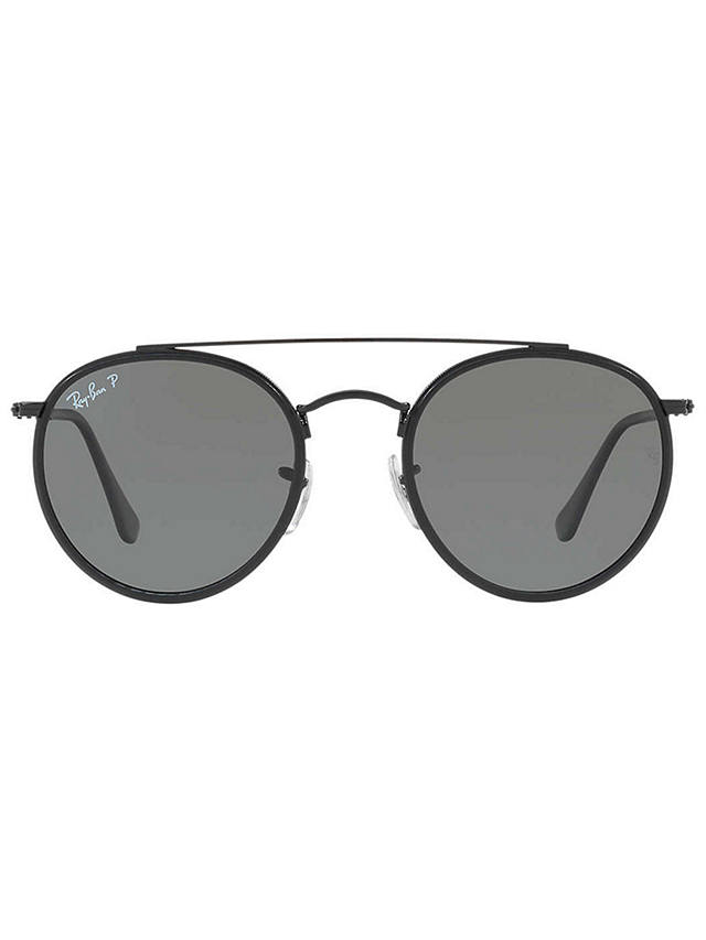 Ray-Ban RB3647N Polarised Double Bridge Round Sunglasses, Black/Grey