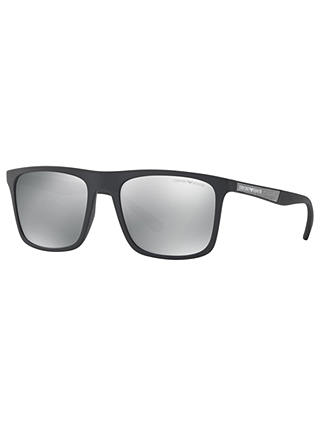 Emporio Armani EA4097 Polarised Square Sunglasses, Matte Black/Mirror Silver