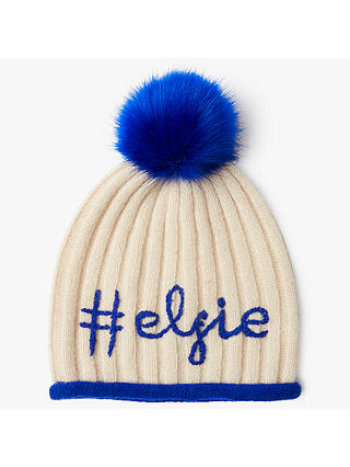 John Lewis & Partners Elfie Pom Pom Beanie Hat, Cream/Blue