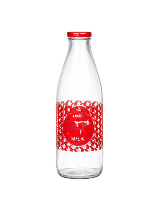 LEON Glass Milk Bottle, Clear/Red, 1L