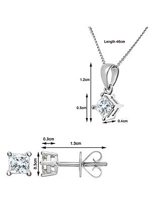 Mogul 18ct White Gold Princess Cut Diamond Solitaire Stud Earrings and Pendant Necklace Jewellery Set, 0.66ct