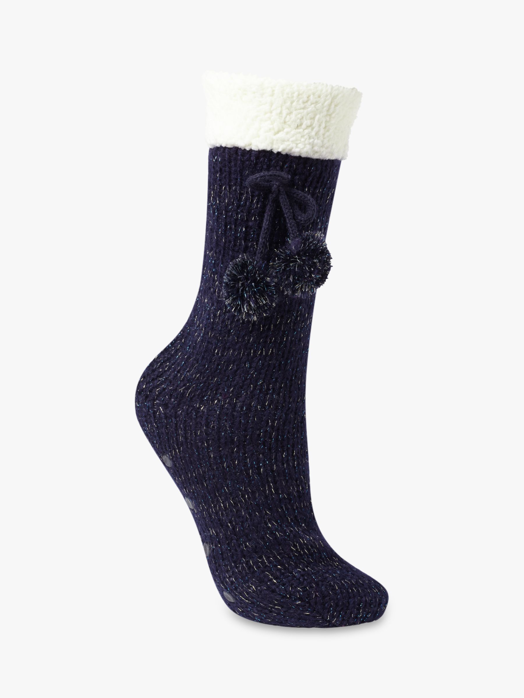 John Lewis & Partners Metallic Knitted Slipper Socks, Navy/Cream