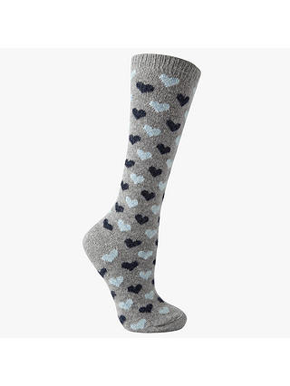 John Lewis & Partners Wool Silk Mix Mini Heart Print Knee High Socks, Grey/Navy