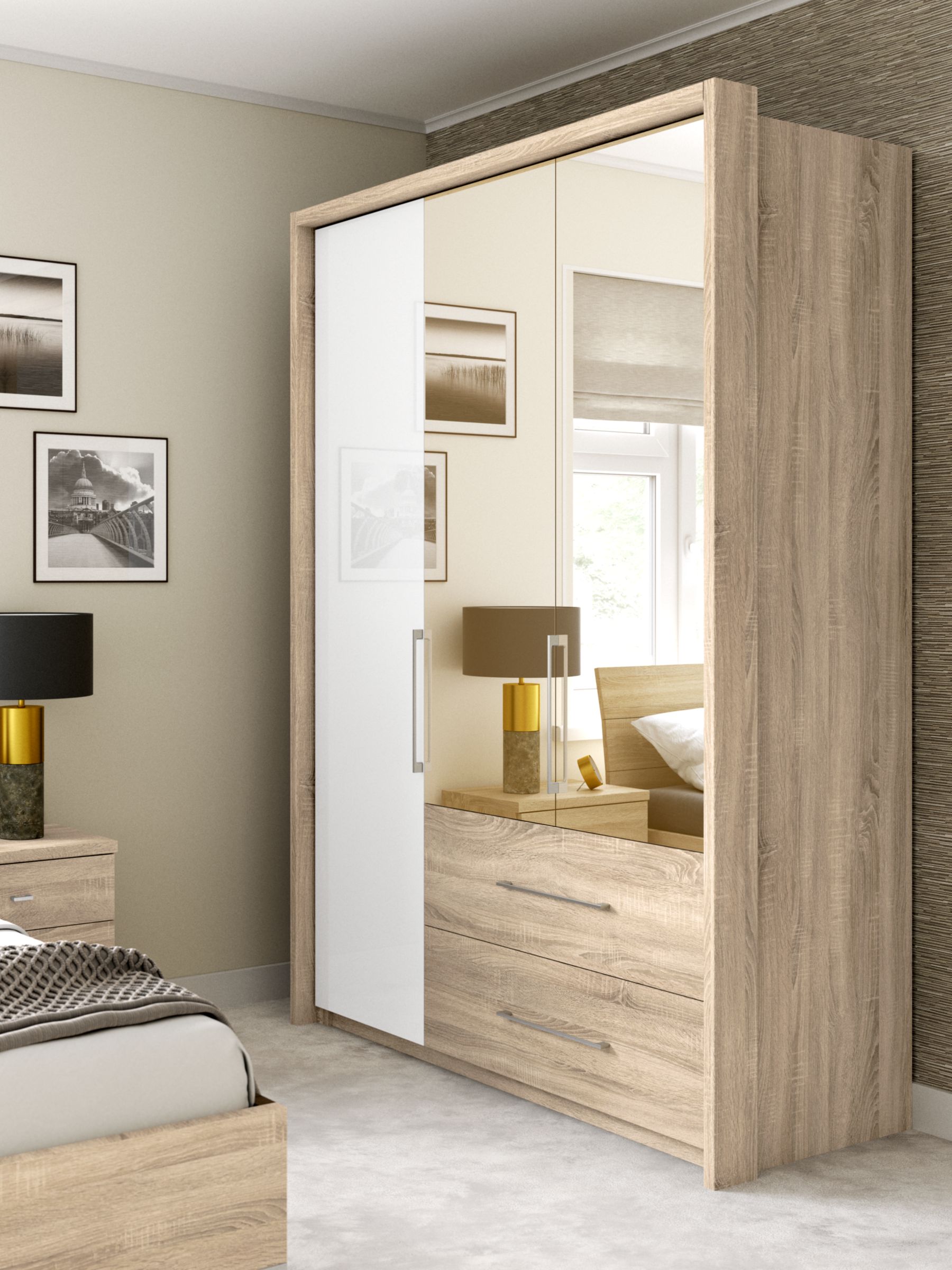 John Lewis Partners Satis Combi Storage 150cm Wardrobe With Glass And Bronzed Mirrored Hinged Doors White Glass And Bronzed Mirror Light Rustic Oak